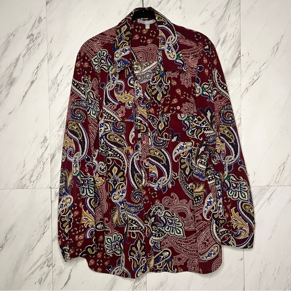3/$60 NY Collection Paisley Print Button Down Burgundy Blouse Top Plus SZ 2X
